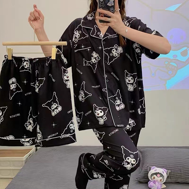 Women's Sleepwear Summer Short-sleeved Shorts And Trousers Three-piece Cute Cartoon Women's Pajama Suit Thin Girl's Cardigan Home Cloth