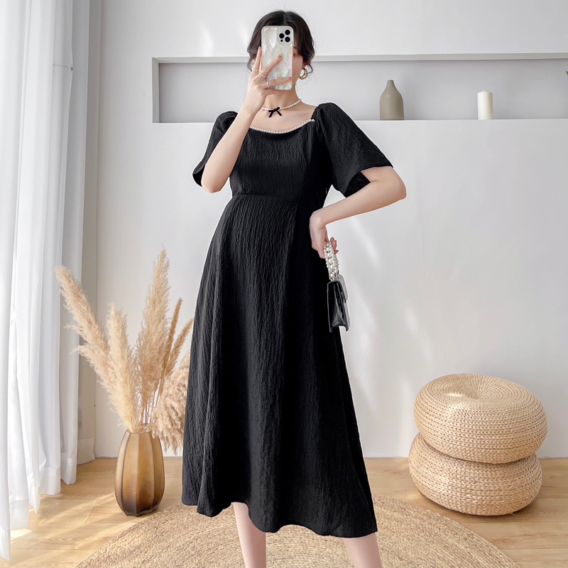 Maternity Dresses 929# Summer Korean Fashion Black Maternity Midi Dress Elegant A Line Slim Clothes for Pregnant Women Beading Pregnancy 230428CJ