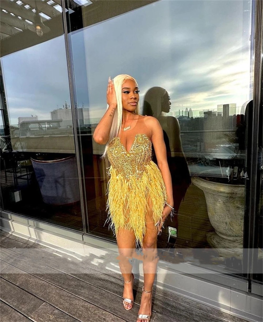 Feathers Crystal Beaded Gold Black Girl Prom Dresses 2024 Party Dress Elegant Sexy Short Birthday Gowns Vestido De Gala