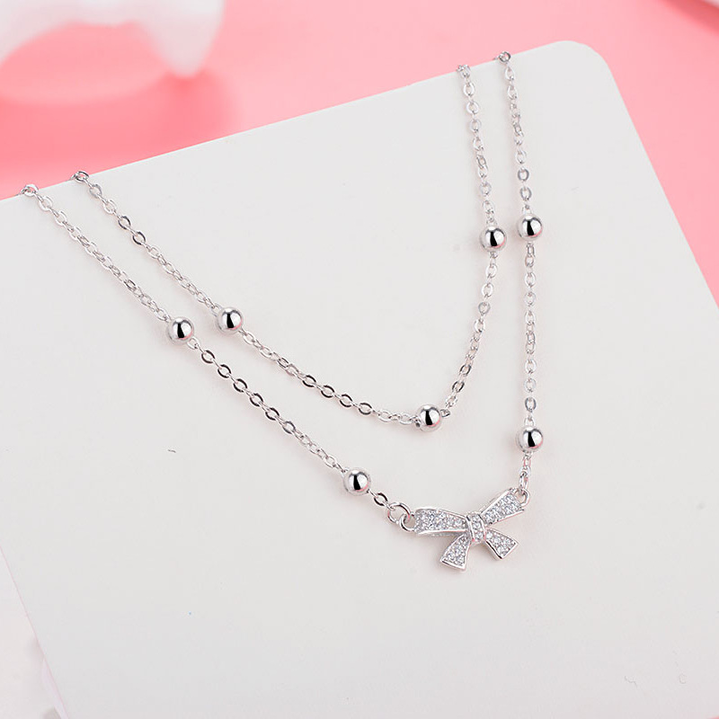 S925 Pure Silver Double-Layered Bow Anklet for Women, Exquisite and Unique Design, Korean Style Jewelry, Wholesale from Original Manufacturer