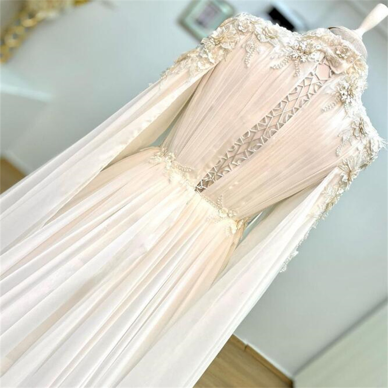 Elegant Ivory Muslim Wedding Dress With 3d Florals High Neck Beaded Caftan Saudi Arabic Bridal Gowns Boho Chiffon Bride Dress Countries Robes Mariee V