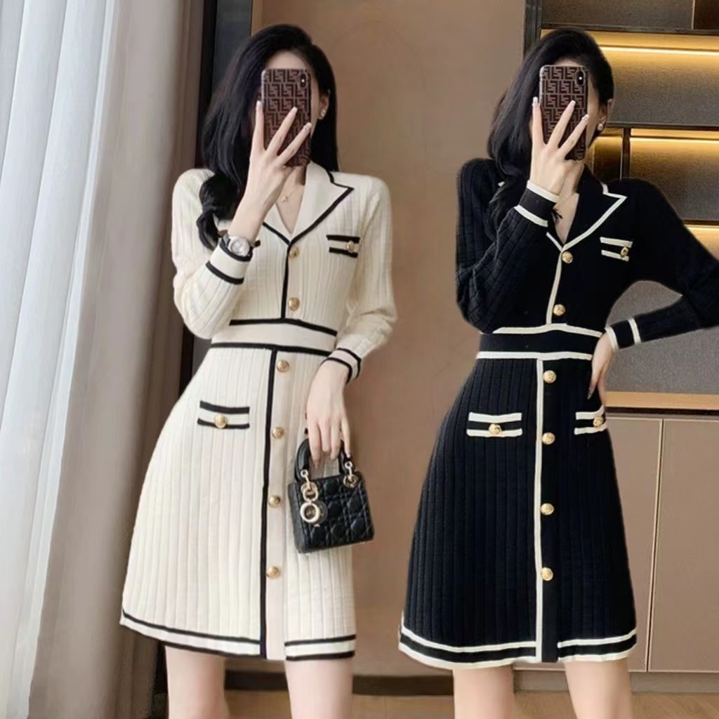 designer dresses for women Designer 2023 Autumn/Winter New Women's Long sleeved Small stature Fragrant Knitted Dress Women's Slimming High e