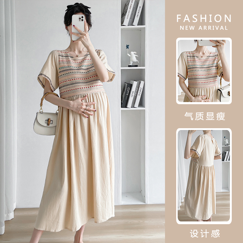 Maternity Dresses 609# Summer Vintage Embroidery Patchwork Maternity Long Dress Elegant Loose Clothes for Pregnant Women Pregnancy Casual Wear 230428C