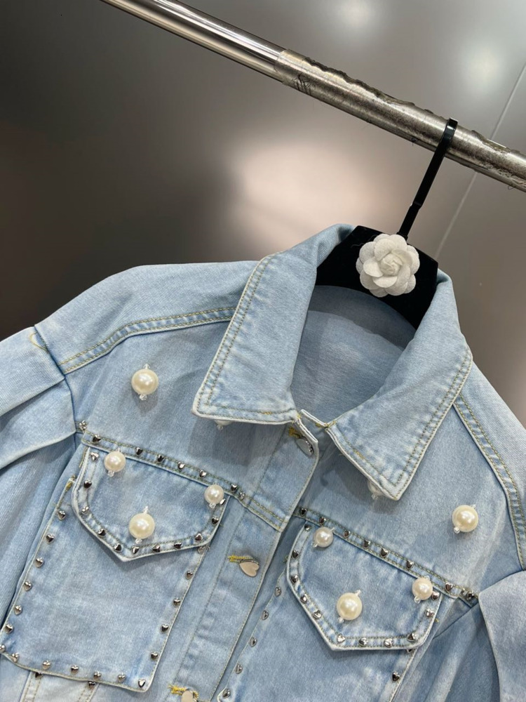 Women's Jackets DEAT Fashion Puff Sleeve Denim Coat Women's Casual High Street Pearls Patchwork Lapel Trend Jackets Female Spring 11SF6144 2