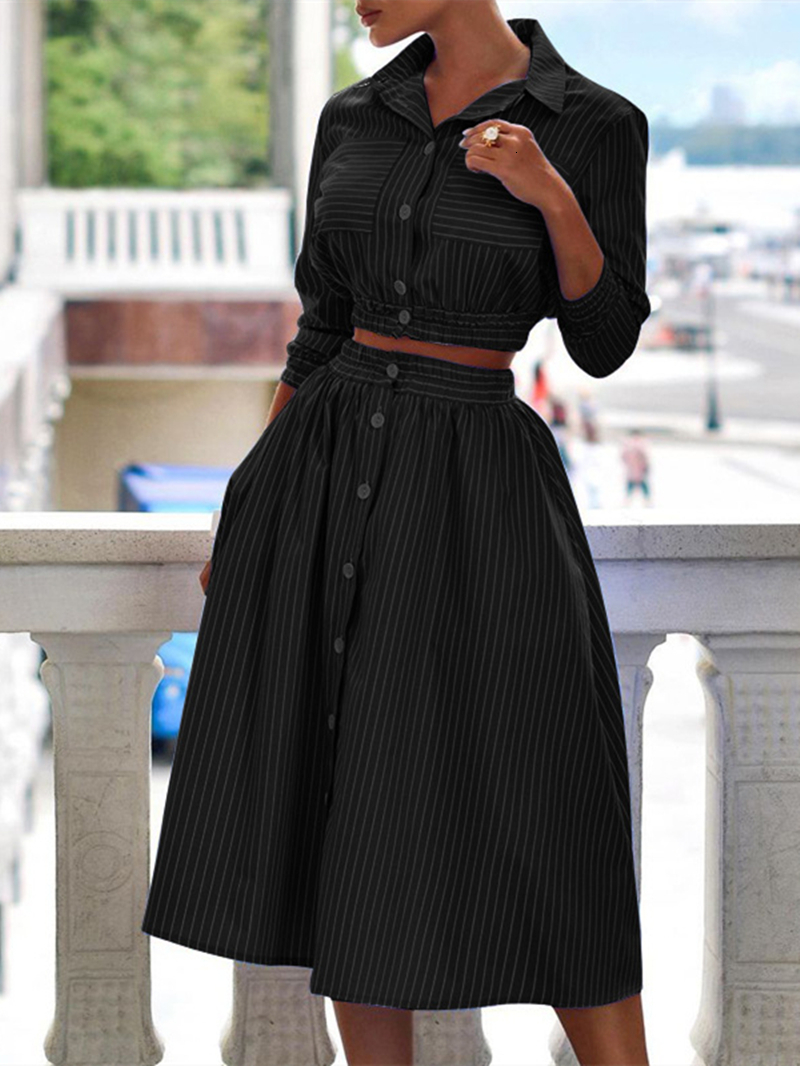 Two Piece Dress Striped Print Skirt Sets for Women Two Piece Set Autumn Clothes Turn Down Collar Blouse Crop Top and Skirts Suits Casual Outfits 23042