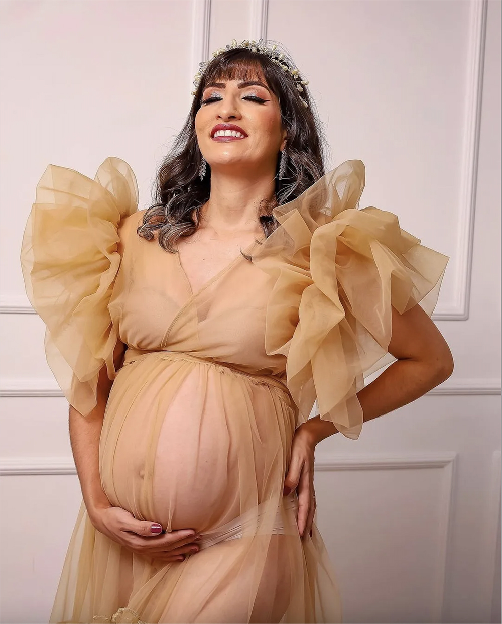 Illusion Women Sleepwear Tiered Ruffles Short Sleeve Nightdress For Pregnant Bridal Wedding Party Evening Photography Dress Wear Gowns