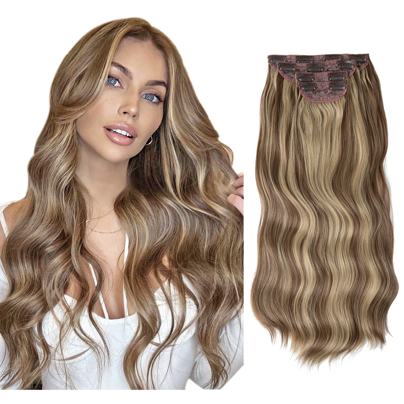 Synthetic Long Wavy Clip In Hair Extensions 22" 4pcs/set Thick Hairpiece For Women Brown Blonde Black Natural Fake Hair