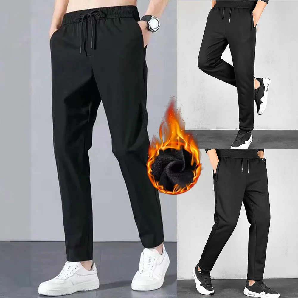 Men's Pants Casual Man Winter Fleece Lined Solid Black Warm Thick Thermal Trousers Athletic For Men Clothing 231128