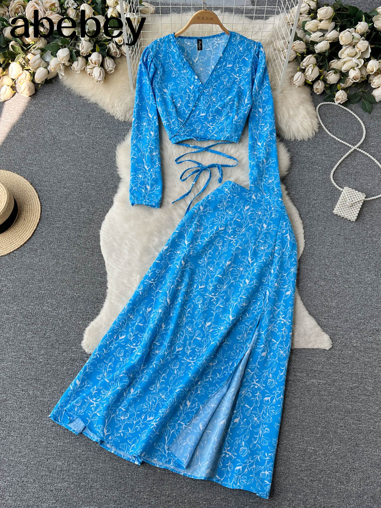 Two Piece Dress Women Chiffon Vacation Bohemian Two Pieces Suits Summer Lace Up Top Split Long Skirt Sets Y2K Floral Print Beach Sets 230428