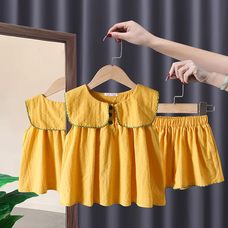 Rompers Girls Checker Set 06 Year Old Summer Doll Neck Sleeveless Top Shorts 2 Piece Baby Clothes born 230427