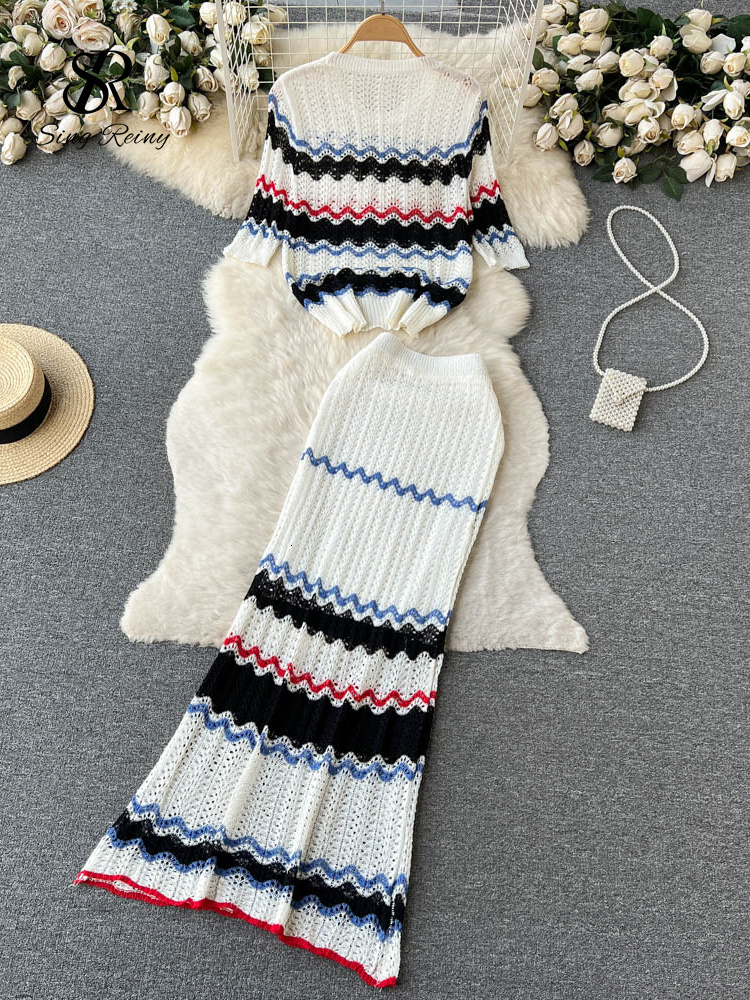 Two Piece Dress SINGREINY Summer Beach Knitted Two Pieces Suits Loose T ShirtLong Skirt Sets High Street Elastic Waist Striped Casual Sets 230428