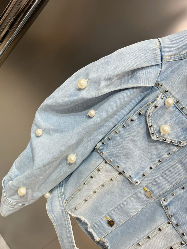Women's Jackets DEAT Fashion Puff Sleeve Denim Coat Women's Casual High Street Pearls Patchwork Lapel Trend Jackets Female Spring 11SF6144 2