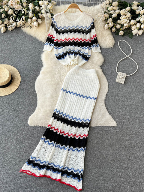 Two Piece Dress SINGREINY Summer Beach Knitted Two Pieces Suits Loose T ShirtLong Skirt Sets High Street Elastic Waist Striped Casual Sets 230428