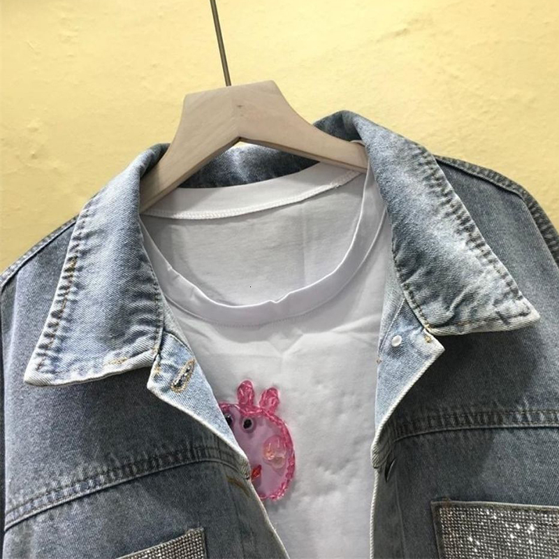Women's Jackets Rimocy Crystal Pocket Cropped Denim Jackets Women Autumn Long Sleeve Loose Jacket Woman Button Up Streetwear Jean Outwear 230428