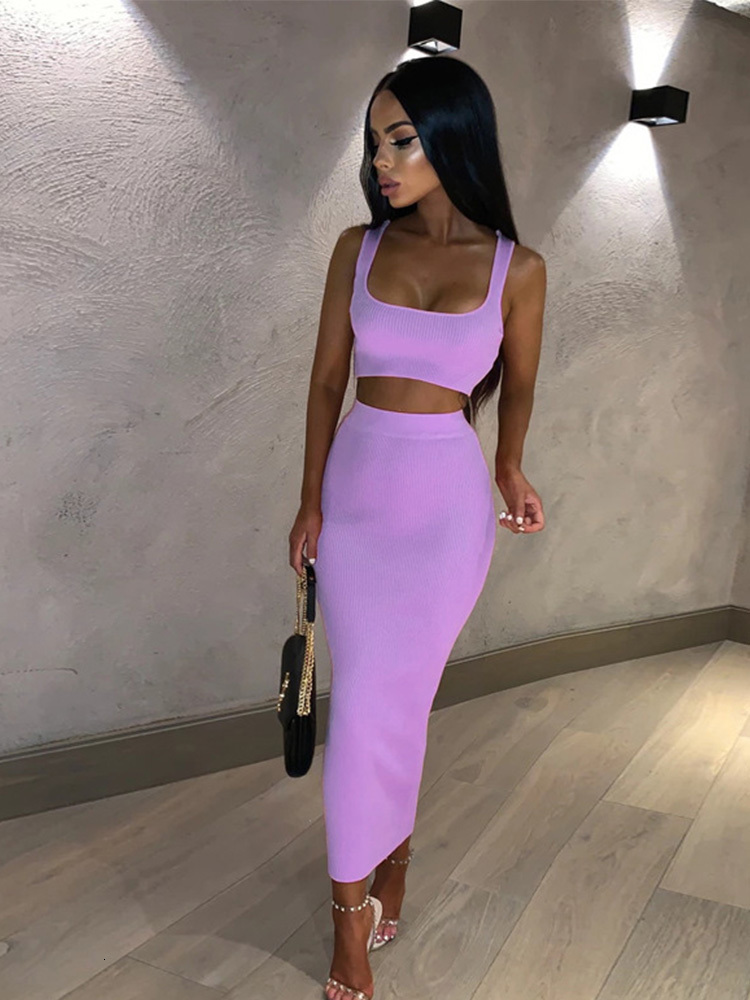 Two Piece Dress women summer clothes soild color casual crop tank tops long pencil skirt fitness skinny outfit suit two piece 2pc sets 230428