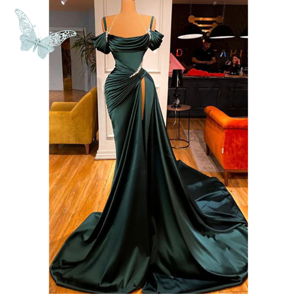 Green Elegant Dark Mermaid Prom Dresses Spaghetti Straps Beadings Pearls Or Length Formal Evening Dress Wear Party Gowns Custom 6660305