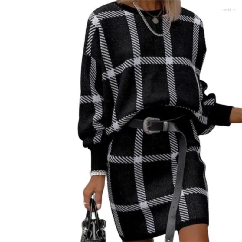 Two Piece Dress Stylish Sweater Skirt O Neck Ladies Women Pullover Loose-fitting Thick Blouse SkirtTwo