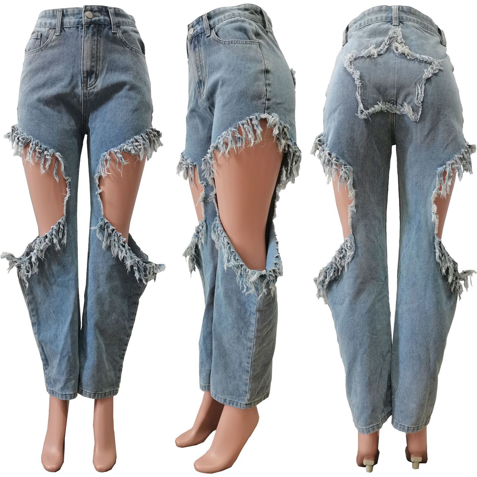 Women's Jeans CMYAYA Women Fashion Ripped Cutout Tassel Star Back Zipper Fly Straight 2023 Summer INS Street Denim Pants Trousers 230427