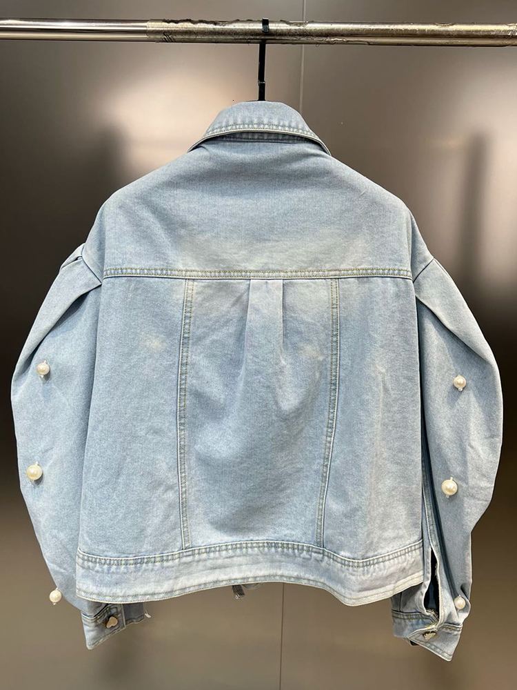 Women's Jackets CHICEVER Patchwork Pearls Denim Jackets For Women Lapel Puff Sleeve Single Breasted Hollow Out Casual Jacket Female Spring 230428