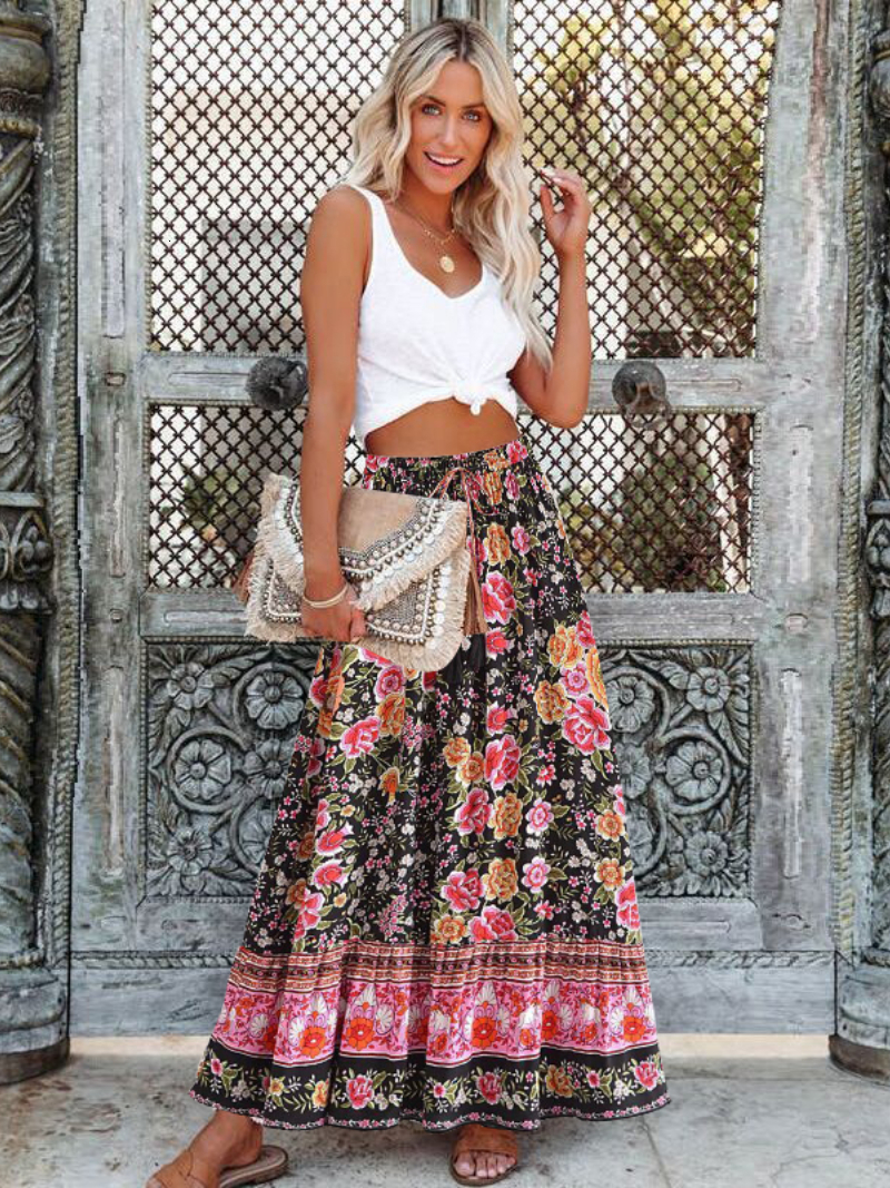 Skirts Summer Fashion Elegant Black Floral Print Beach Bohemian Pleated Skirt Vintage Lady High Waist A-Line Rayon Maxi Boho Skirts 230428