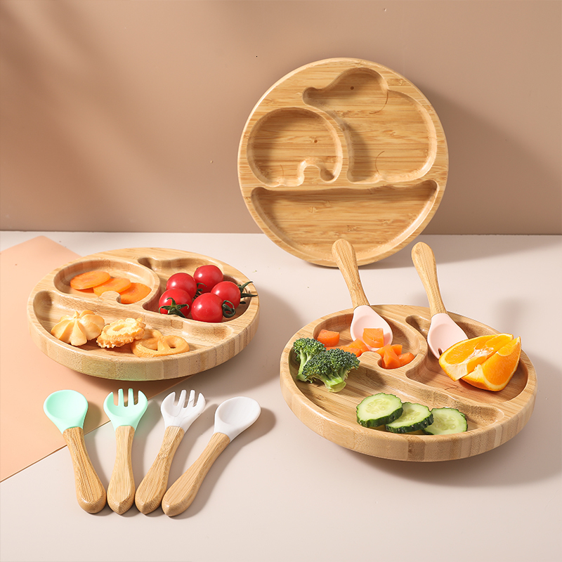 Cups Dishes Utensils 4pcs Bamboo Plate Sets Baby Feeding Bowl Wooden Kids Feeding Supplies Spoon Fork for Baby Tableware Suction Plate Bowl Cup 230428