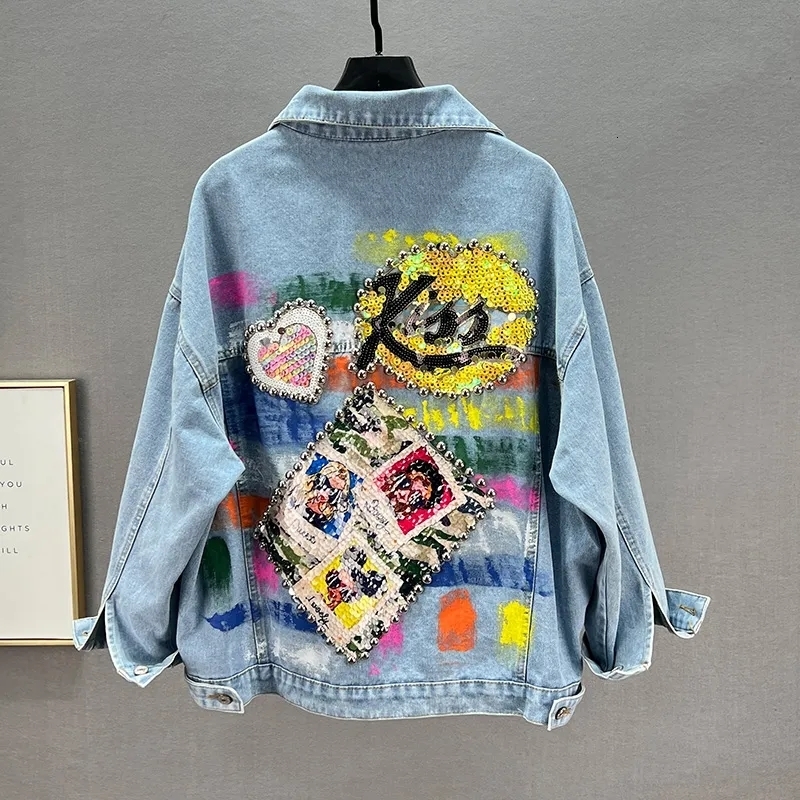 Women's Jackets Fashionable Spring Female Blue Denim Jacket Personality Hand-painted Graffiti Rivets Casual European Sequins Long Sleeves 230428