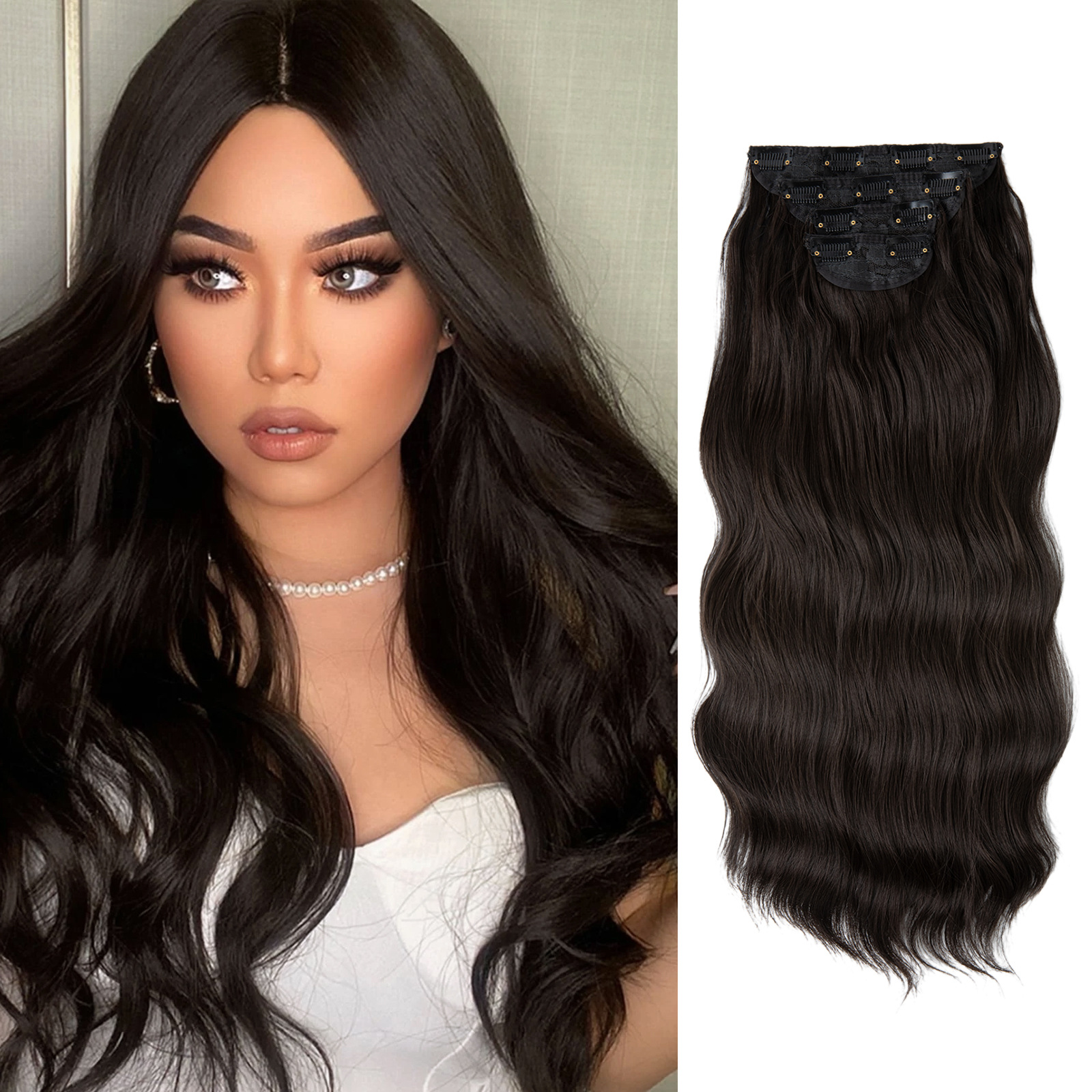 Synthetic Long Wavy Clip In Hair Extensions 22" 4pcs/set Thick Hairpiece For Women Brown Blonde Black Natural Fake Hair