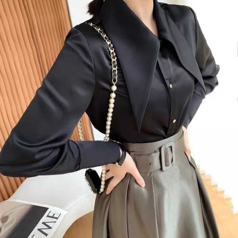 Women's Blouses Shirts Long Sleeve White Satin Blouse Women Autumn Fashion Loose Vintage Button Shirt Women Clothing Korean Chic Lapel Office Lad