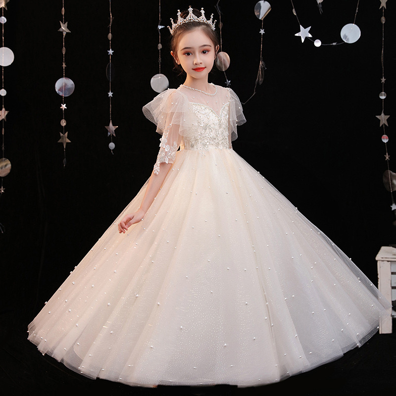 White Pearls Flower Girls Dresses Princess Beaded Elegant Appliqued Lace Beads First Communion Birthday Party Gown Custom Made Christmas Kids Pageant 