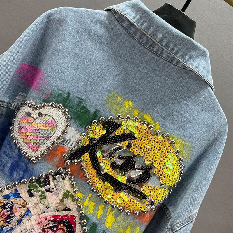 Women's Jackets Fashionable Spring Female Blue Denim Jacket Personality Hand-painted Graffiti Rivets Casual European Sequins Long Sleeves 230428
