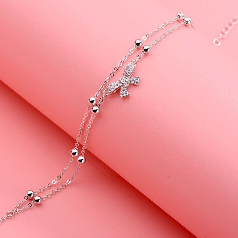 S925 Pure Silver Double-Layered Bow Anklet for Women, Exquisite and Unique Design, Korean Style Jewelry, Wholesale from Original Manufacturer
