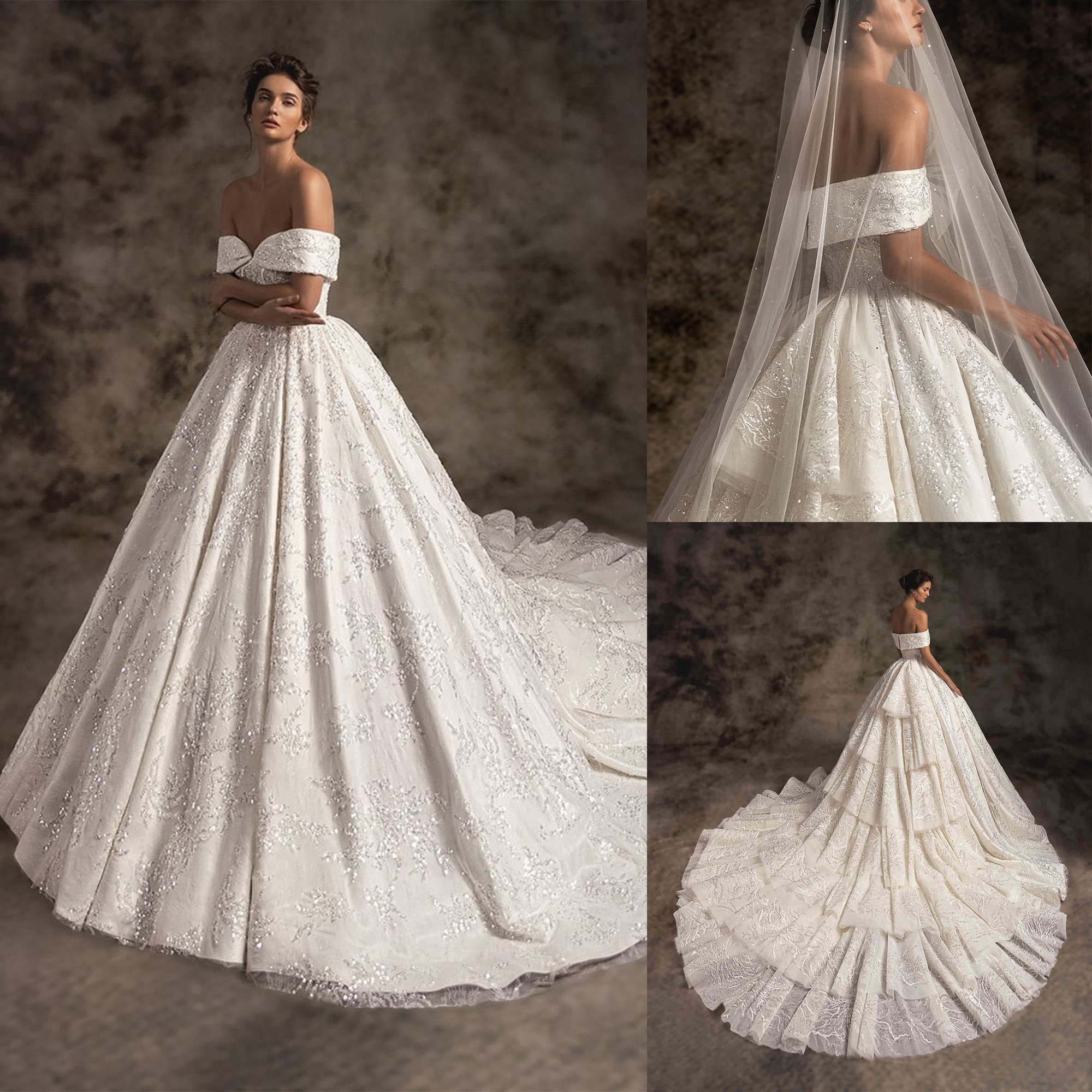 Elegant A Line Wedding Dresses Off Shoulder Sequins Appliques Bridal Gowns Vestido Novia Backless Tiered Skirts Bride Dress