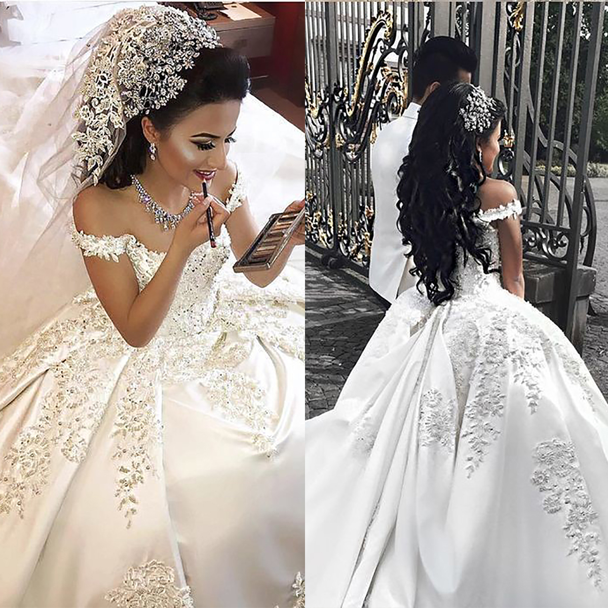 Glamorous Ball Gown Wedding Dresses Off the Shoulder Flower Leaves Applicants Draped Satin Backless Chapel Gown Custom Made Bridal Gown Vestidos De No