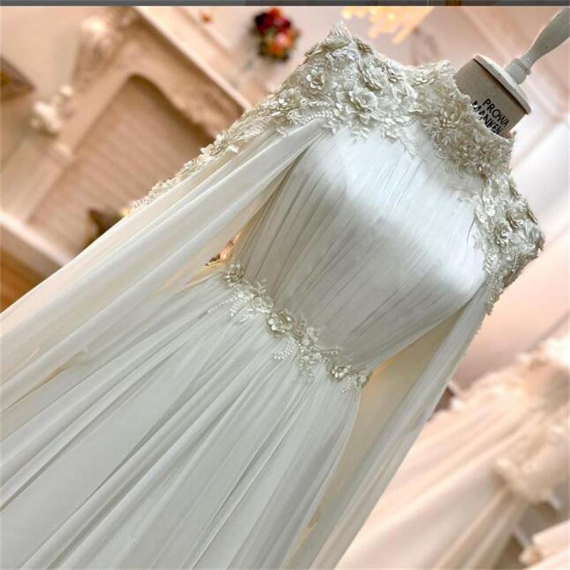 Elegant Ivory Muslim Wedding Dress With 3d Florals High Neck Beaded Caftan Saudi Arabic Bridal Gowns Boho Chiffon Bride Dress Countries Robes Mariee V
