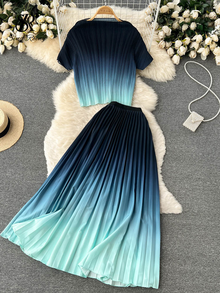 Two Piece Dress SINGREINY Pleated Gradient Women Summer Set Casual Temperament Elastic Waist Elegant Ladies A Line Chic Two Piece Sets 230428