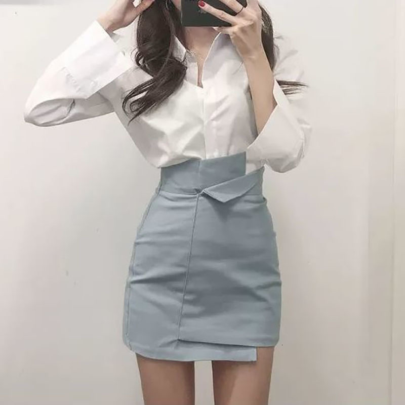Two Piece Dress Spring/Summer Two Piece Set Female fashion Outfits for Women ShirtHigh waist A-line Irregular skirt Korean office Suit 230428