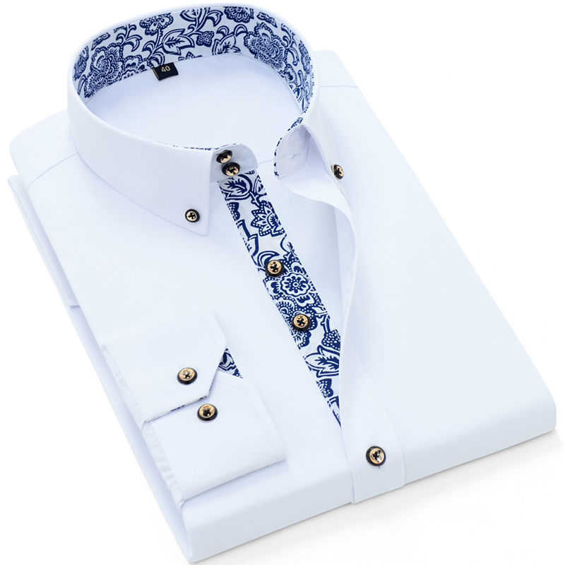 Men's Dress Shirts Blue-and-white Porcelain Collar Shirt Men Long Sleeve Korean SlimFit Casual Business Dress Shirts Solid Color White Shirt Cott