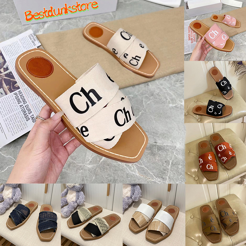 Designer Loe Slipper Paris Fashion Womens Woody Flat Mule Slide Sandals Luxury Summer Beach Slippers Sail white Black Pink Olive Mesh Embroidered Big Size Sandal