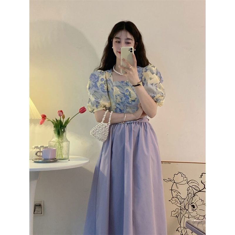 Two Piece Dress Women's Sweet Romantic Purple Two Piece Dress Set Summer Korean Lady Graceful Puff Sleeve Square Collar Tops Skirts Outfits 23042