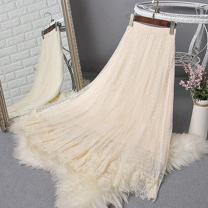 Skirts Spring Elegant Lace Patchwork Mesh Midi Skirts Women Elastic waist Polka Dot print Pleated Skirt A Line Long Tulle Skirt 230428