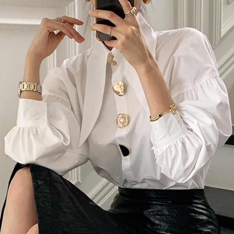 Women's Blouses Shirts QWEEK Comfort Women's Shirts Sharp Corner Lapel Fashion Lady Blouses Korean Style White All-match Long-sleeved Tops 2