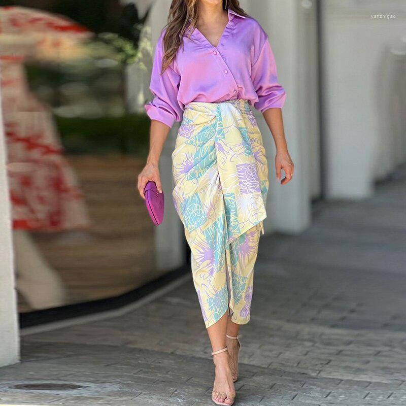 Women's Two Piece Pants Sets Skirt Outfit Women Printed Button Down Shirt Blouse High Waist Midi Bodycon Skirts Suit Female Office Lady