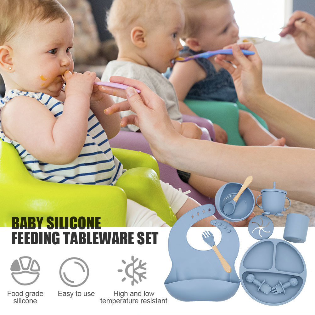 Cups Dishes Utensils 3/9PCS Set Baby Silicone Tableware Set Baby Feeding Dishes BPA Free Bowl Plate Bibs Spoon Fork Sets Children Non-slip Dinnerware 