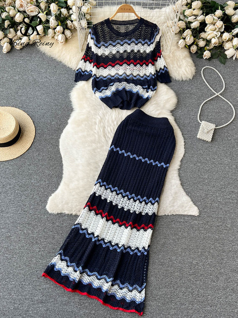 Two Piece Dress SINGREINY Summer Beach Knitted Two Pieces Suits Loose T ShirtLong Skirt Sets High Street Elastic Waist Striped Casual Sets 230428