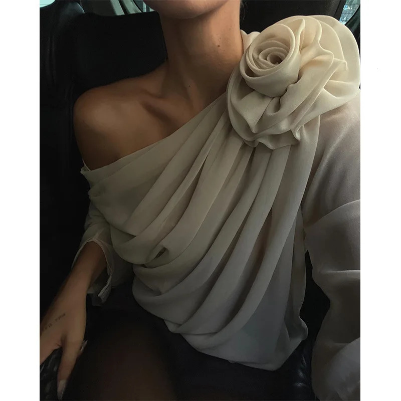 Women s T Shirt Cryptographic Skew Collar Floral Applique Mesh Chiffon Tops for Women Elegant Fashion Club Cropped See Through Pullover 231127