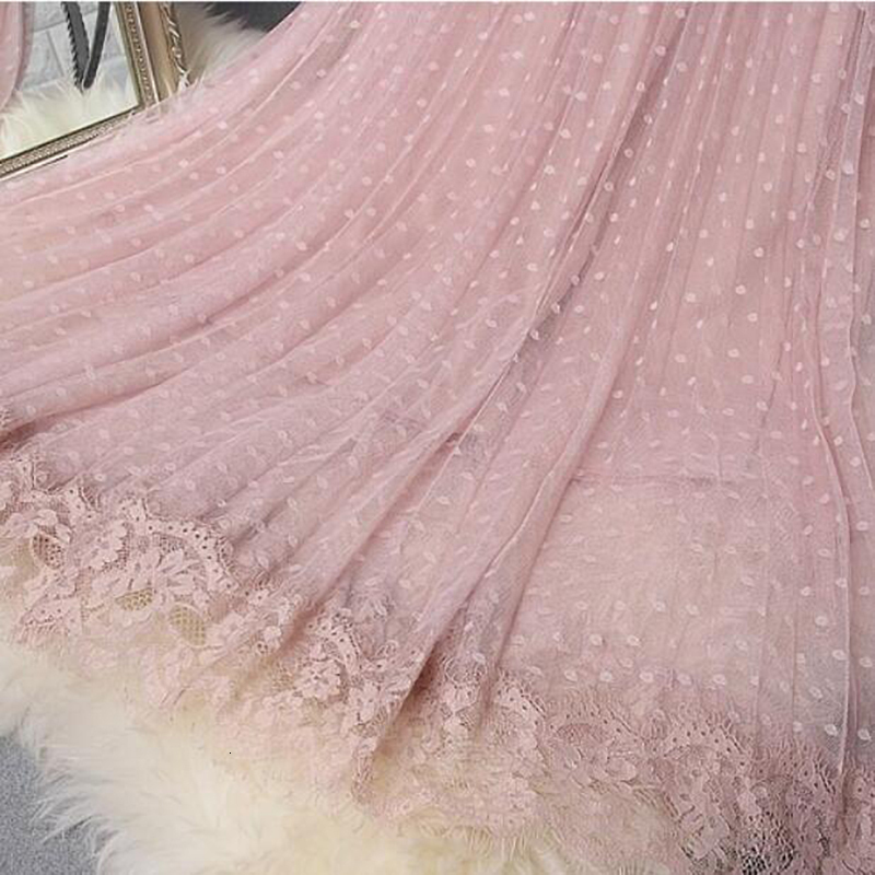 Skirts Spring Elegant Lace Patchwork Mesh Midi Skirts Women Elastic waist Polka Dot print Pleated Skirt A Line Long Tulle Skirt 230428