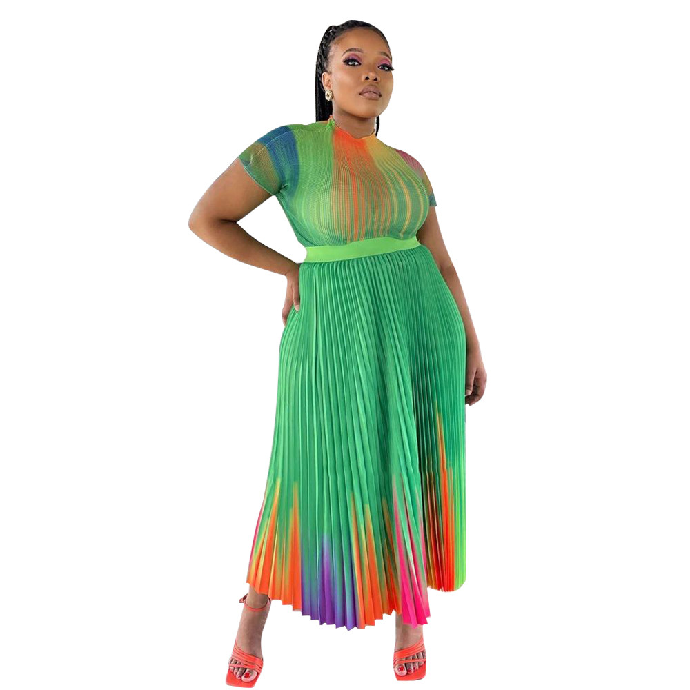 New Dress Sets Summer Women Short Sleeve T-shirt and Pleated Long Skirt Two Piece Sets Fashion Print Loose Skirt 2pcs Suits Bulk Clothes 9804