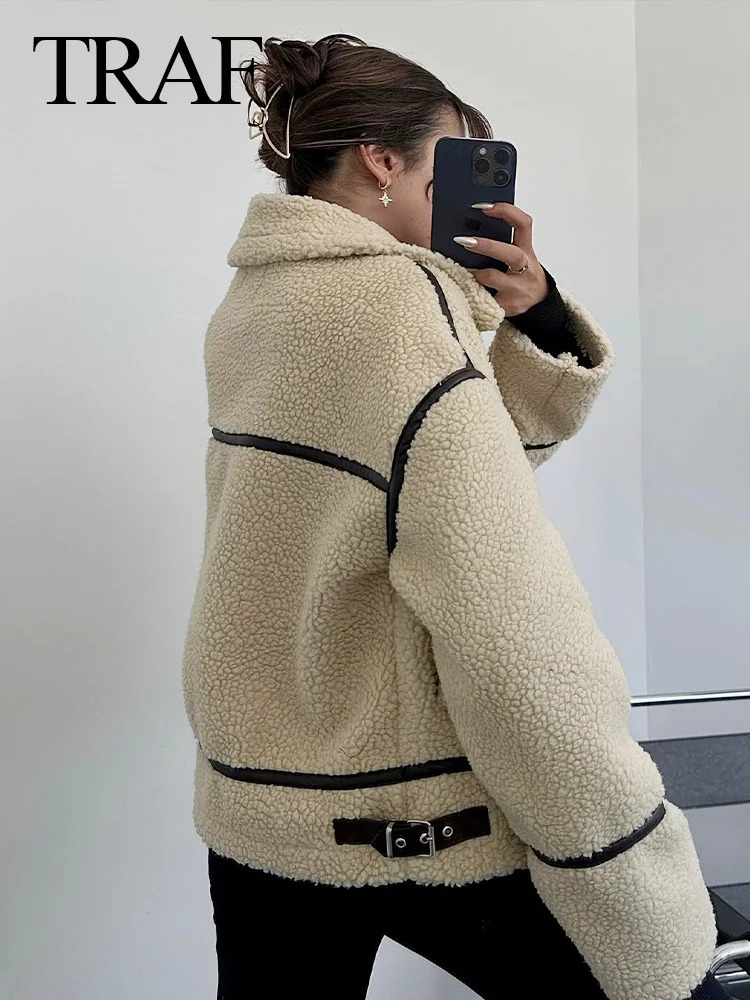 Women's Jackets Long Sleeve Pockets Zipper Female Streetwear Roupa Coats TRAF Woman's Fashion Winter Chic Jacket White Turn-Down Collar 2311