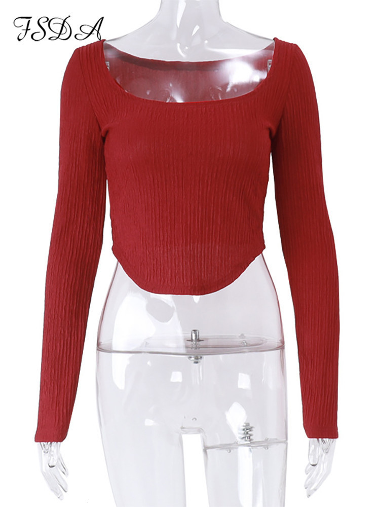 Women's T-Shirt FSDA Red Square Neck Long Sleeve T Shirts Women Basic Skinny Casual Autumn Winter Sexy Crop Top Streetwear Y2K Ruched 230428
