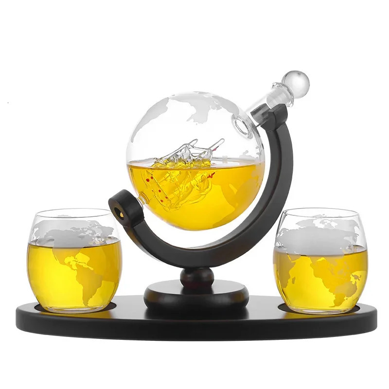 Bar Tools Whiskey Glass Set Crystal Globe Liquor Carafe for Whisky Vodka Sailboat in Decanter with Finished Wooden Stand Cup 231127